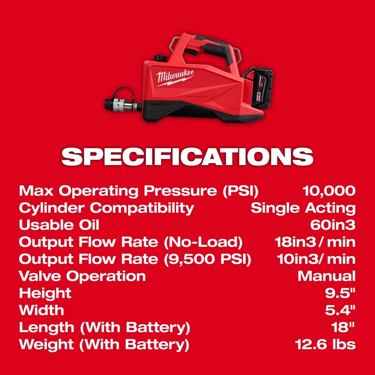 M18™ Brushless Single Acting 60in3 10,000psi Hydraulic Pump - AAA Industrial Supply