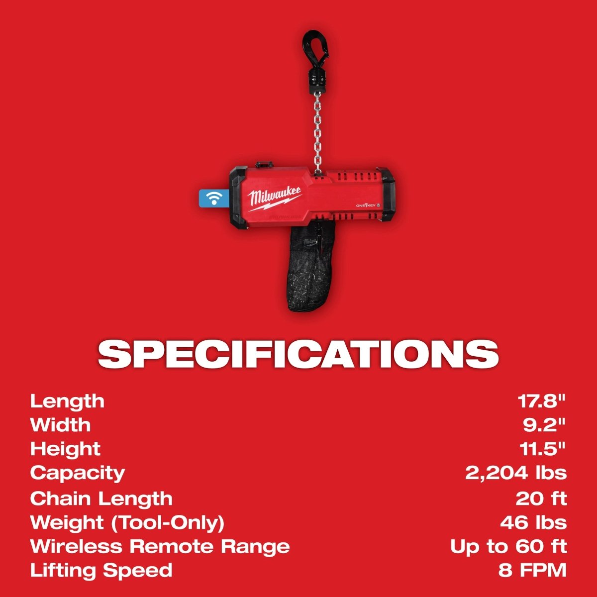 M18™ Compact 1 - Ton Chain Hoist w/ ONE - KEY™ - AAA Industrial Supply