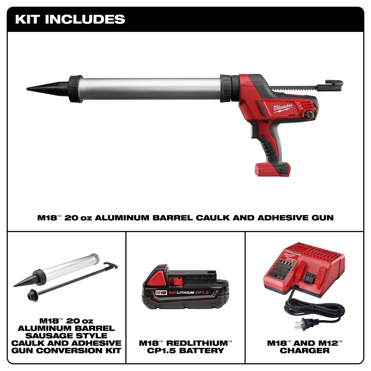 M18™ Cordless 20 - oz Aluminum Barrel Caulk and Adhesive Gun Kit - AAA Industrial Supply