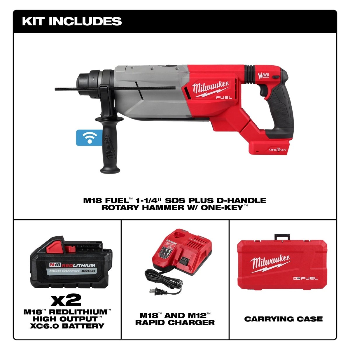 M18 FUEL™ 1 - 1/4” SDS Plus D - Handle Rotary Hammer Kit w/ ONE - KEY™ - AAA Industrial Supply