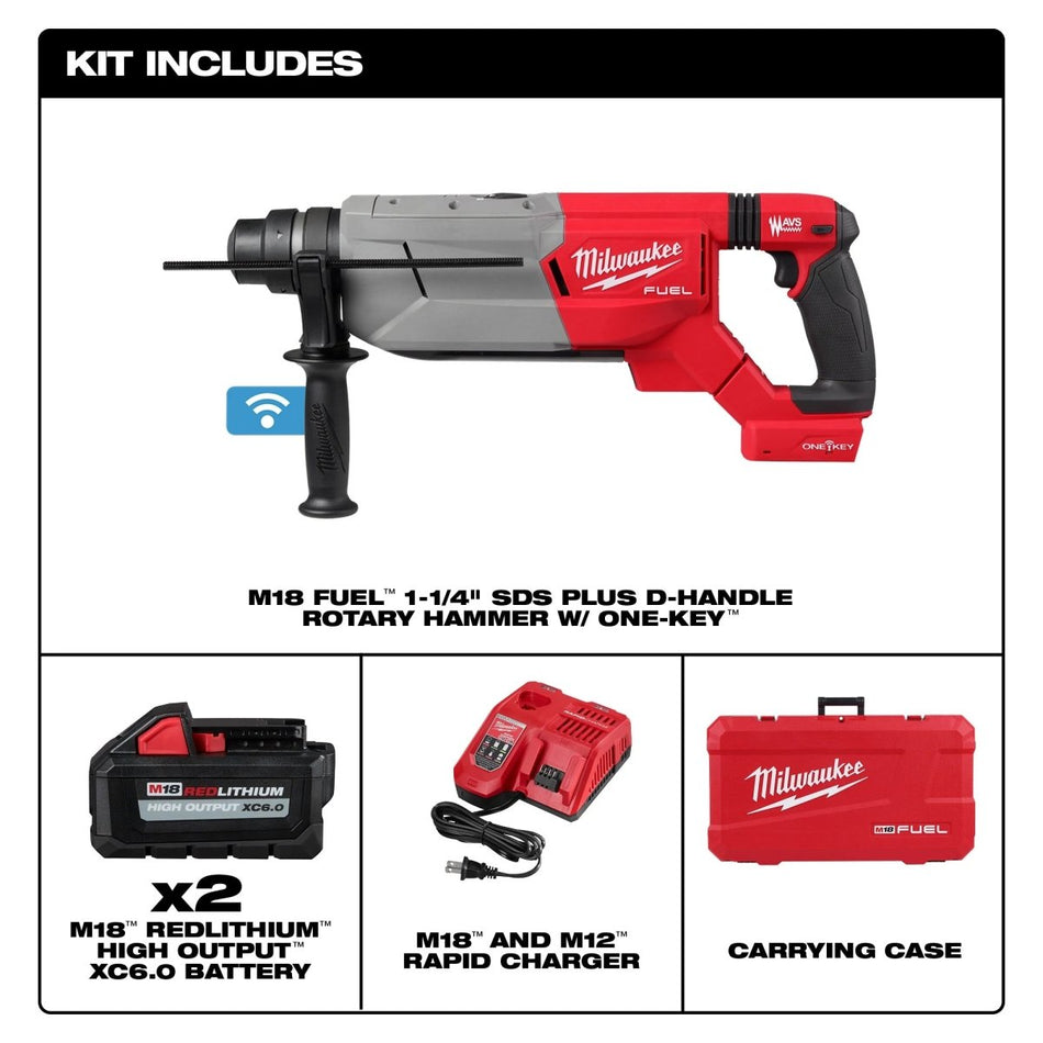 M18 FUEL™ 1 - 1/4” SDS Plus D - Handle Rotary Hammer Kit w/ ONE - KEY™ - AAA Industrial Supply