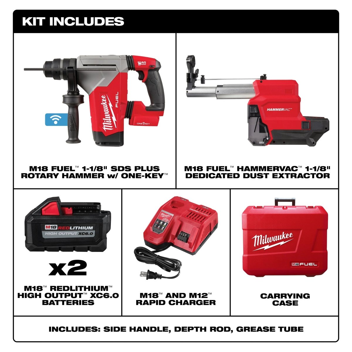 M18 FUEL™ 1 - 1/8" SDS Plus Rotary Hammer w/ ONE - KEY™ & HAMMERVAC™ Dedicated Dust Extractor Kit - AAA Industrial Supply