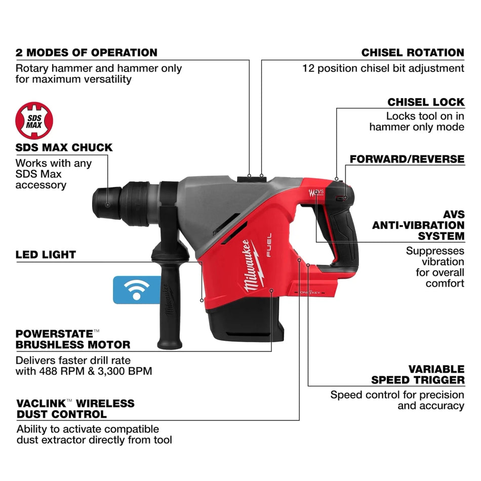 M18 FUEL™ 1-9/16" SDS Max Rotary Hammer w/ ONE-KEY™ (Bare Tool) - AAA Industrial Supply