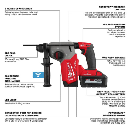 M18 FUEL™ 1" SDS Plus Rotary Hammer w/ ONE-KEY™ Dust Extractor Kit - AAA Industrial Supply