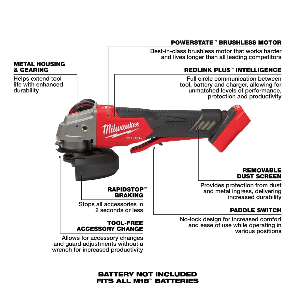 M18 FUEL™ 4 - 1/2" / 5" Variable Speed Braking Grinder, Paddle Switch No - Lock - AAA Industrial Supply