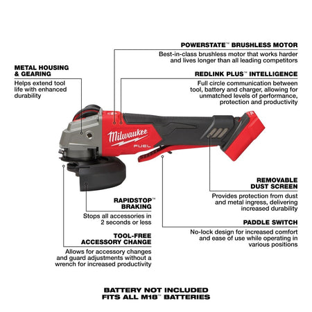 M18 FUEL™ 4 - 1/2" / 5" Variable Speed Braking Grinder, Paddle Switch No - Lock - AAA Industrial Supply