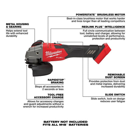 M18 FUEL™ 4 - 1/2" / 5" Variable Speed Braking Grinder, Slide Switch Lock - On - AAA Industrial Supply
