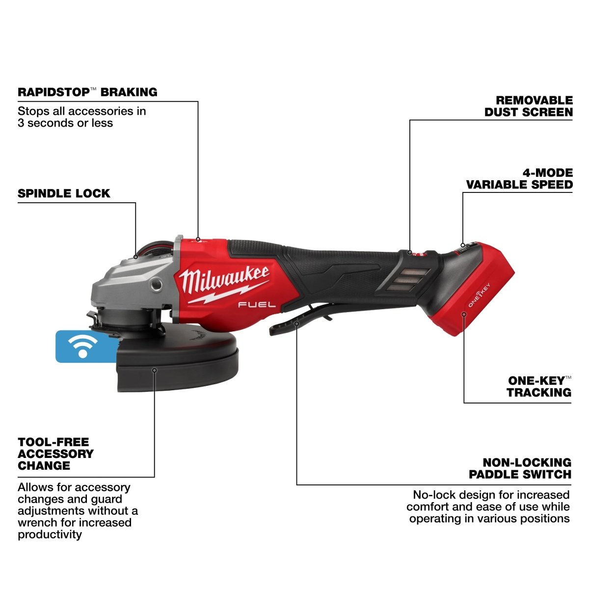 M18 FUEL™ 4 - 1/2" - 7" Variable Speed Braking Grinder, Paddle Switch w/ ONE - KEY™ - AAA Industrial Supply