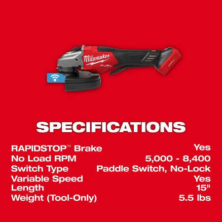 M18 FUEL™ 4 - 1/2" - 7" Variable Speed Braking Grinder, Paddle Switch w/ ONE - KEY™ - AAA Industrial Supply