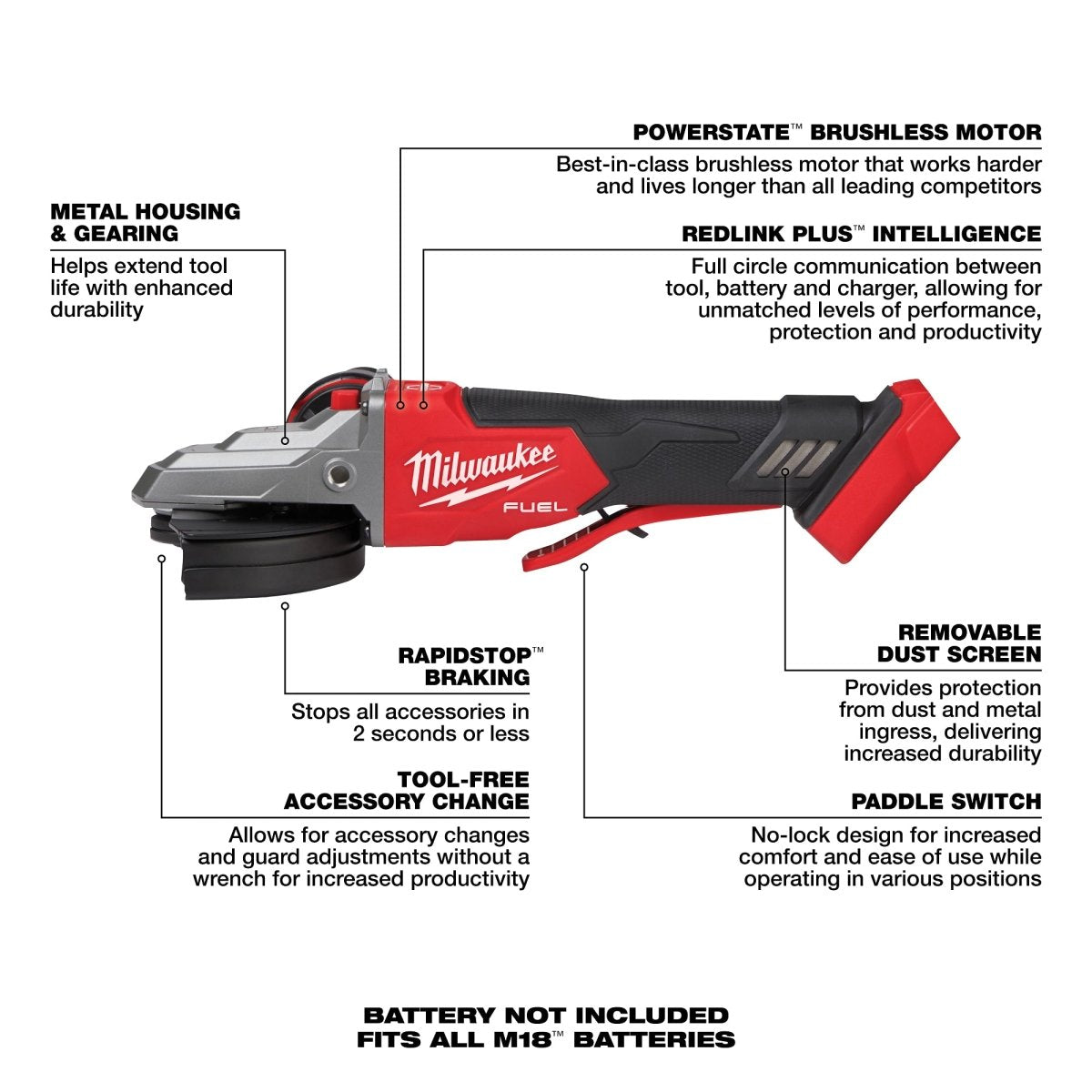 M18 FUEL™ 5" Flathead Braking Grinder, Paddle Switch No - Lock - AAA Industrial Supply