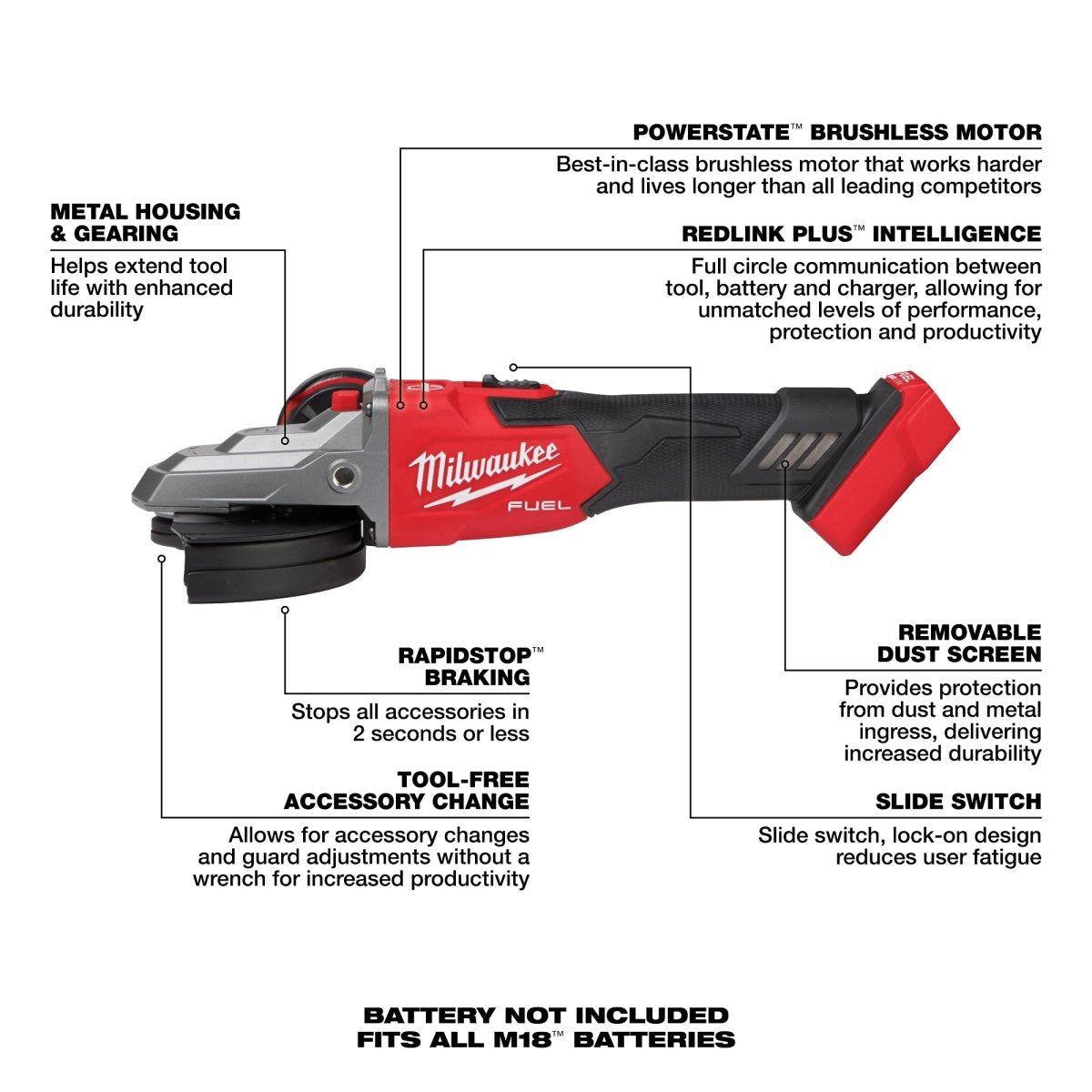 M18 FUEL™ 5" Flathead Braking Grinder, Slide Switch Lock - On - AAA Industrial Supply
