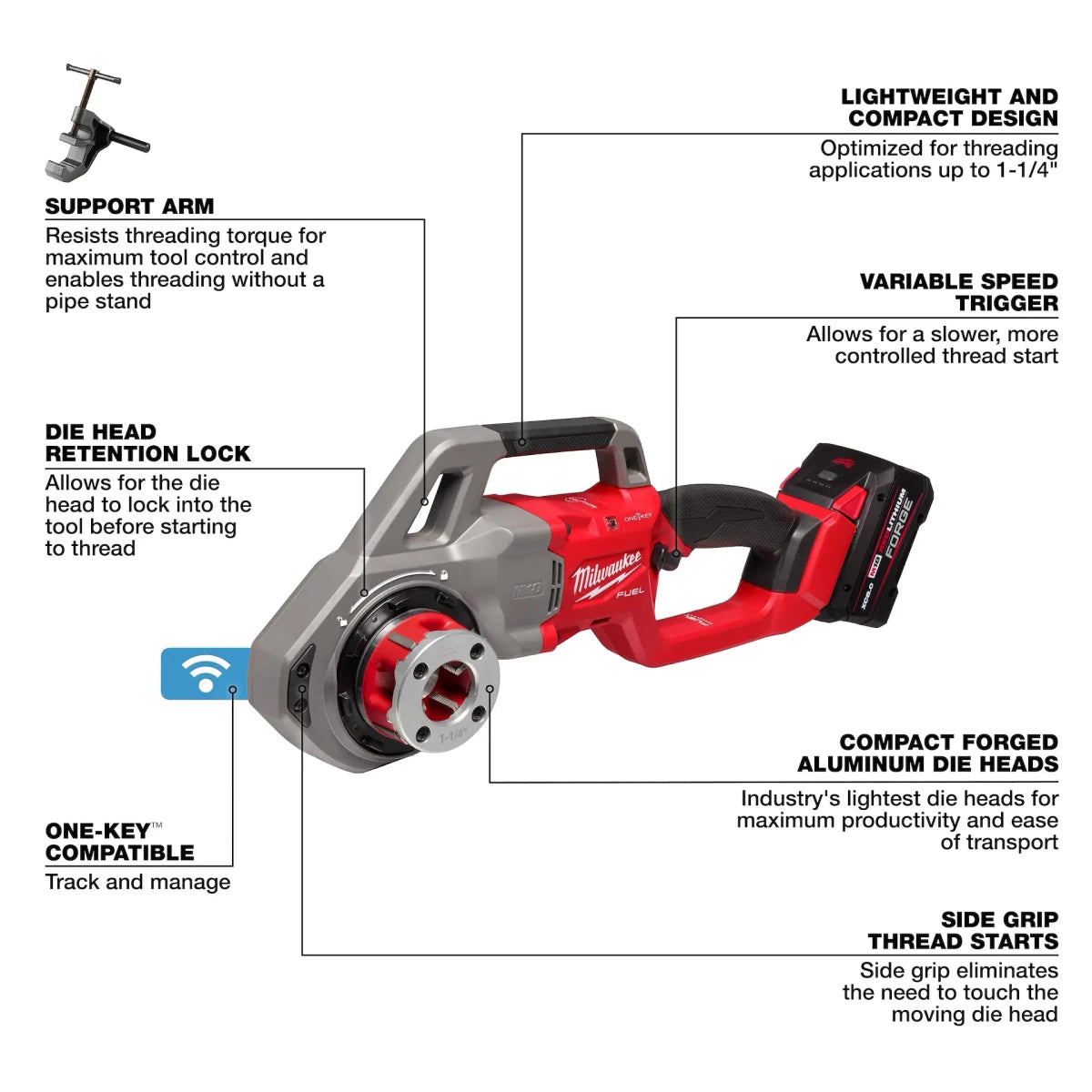 M18 FUEL™ Compact Pipe Threader w/ ONE-KEY™ w/ 1/2" - 1-1/4" Compact NPT Forged Aluminum Die Heads - AAA Industrial Supply