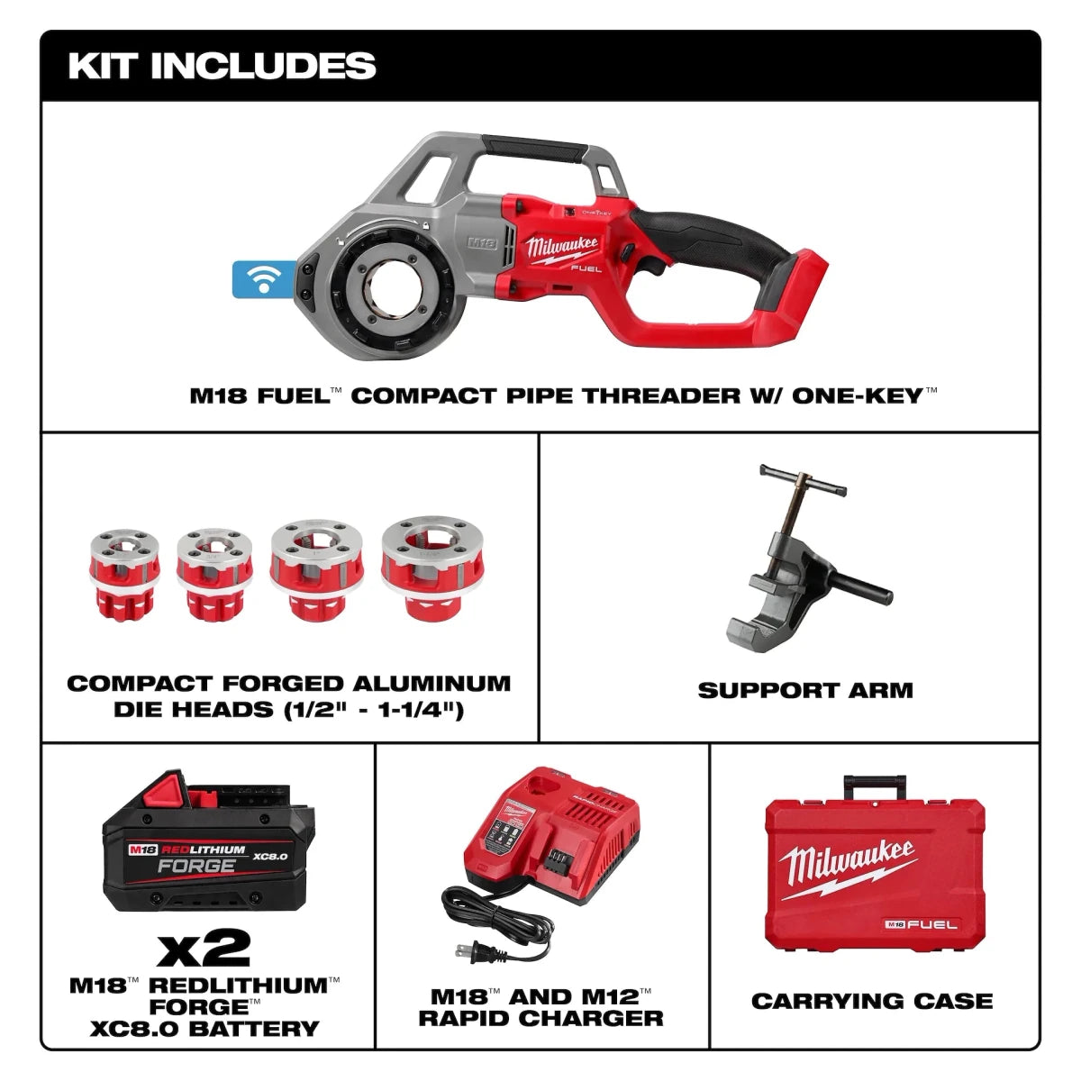 M18 FUEL™ Compact Pipe Threader w/ ONE-KEY™ w/ 1/2" - 1-1/4" Compact NPT Forged Aluminum Die Heads - AAA Industrial Supply