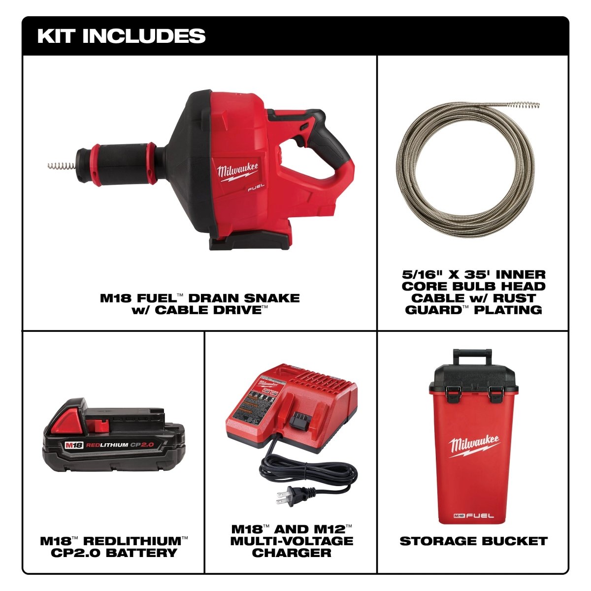 M18 FUEL™ Drain Snake w/ CABLE DRIVE™ with 5/16” Cable - AAA Industrial Supply