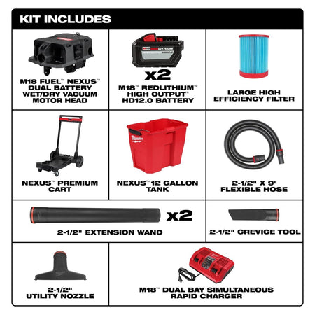 M18 FUEL™ NEXUS™ 12 Gallon Dual Battery Wet/Dry Vacuum Kit - AAA Industrial Supply