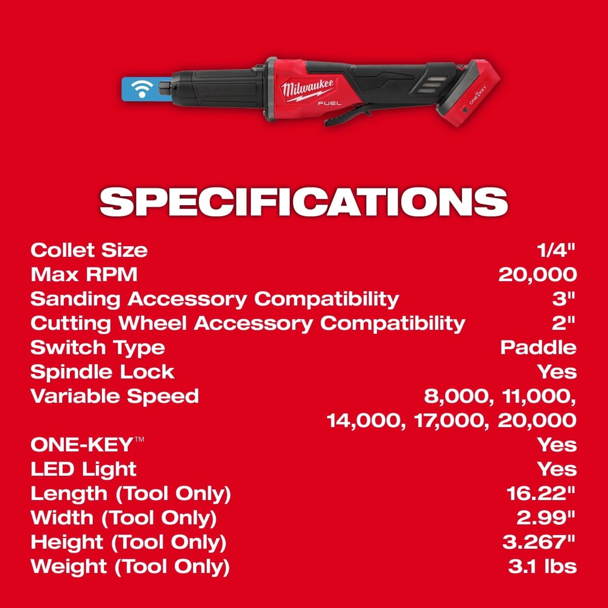M18 FUEL™ Variable Speed, Braking Die Grinder, Paddle Switch w/ ONE - KEY™ - AAA Industrial Supply