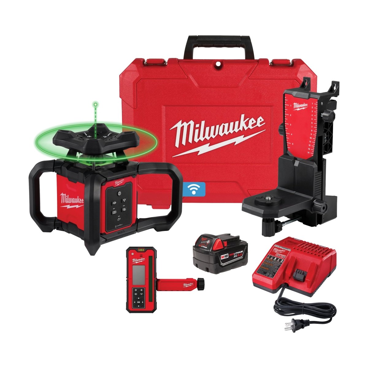 M18™ Green Interior Rotary Laser Level Kit w/ Remote/Receiver & Wall Mount Bracket - AAA Industrial Supply
