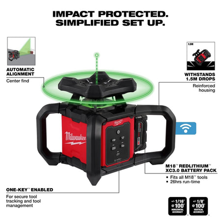 M18™ Green Interior Rotary Laser Level Kit w/ Remote/Receiver & Wall Mount Bracket - AAA Industrial Supply
