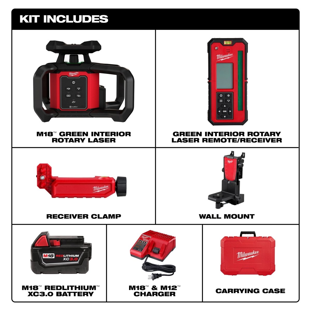 M18™ Green Interior Rotary Laser Level Kit w/ Remote/Receiver & Wall Mount Bracket - AAA Industrial Supply
