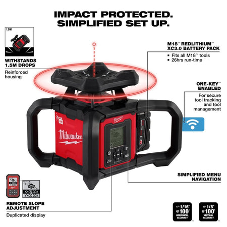 M18™ Red Exterior Dual Slope Rotary Laser Level Kit w/ Receiver & Remote - AAA Industrial Supply