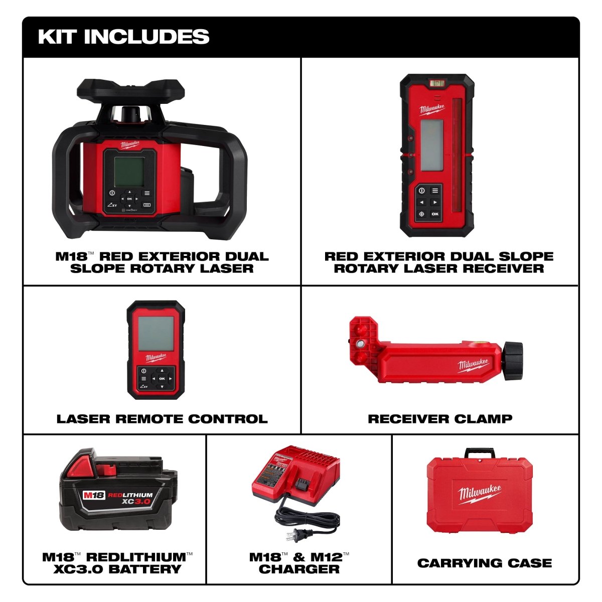 M18™ Red Exterior Dual Slope Rotary Laser Level Kit w/ Receiver & Remote - AAA Industrial Supply