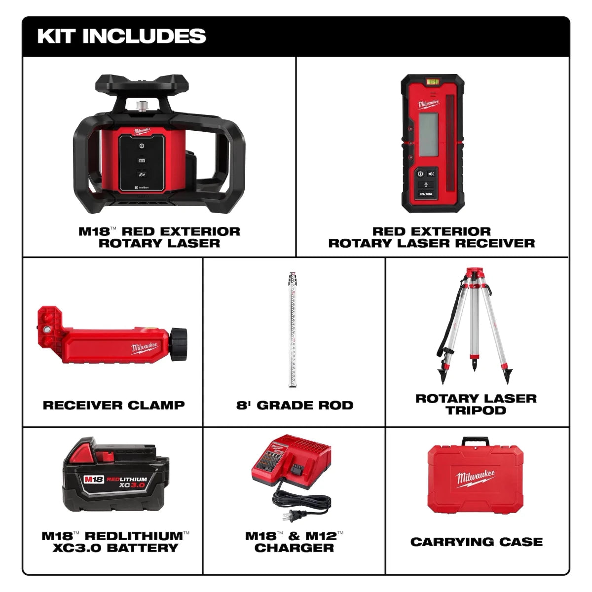 M18™ Red Exterior Rotary Laser Level Kit w/ Receiver, Tripod, & Grade Rod - AAA Industrial Supply