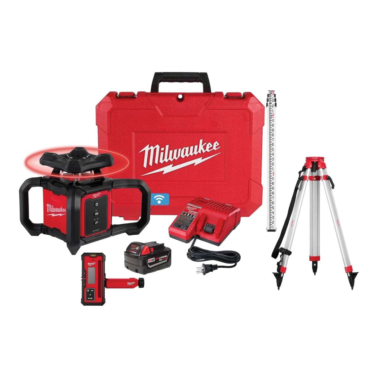 M18™ Red Exterior Rotary Laser Level Kit w/ Receiver, Tripod, & Grade Rod - AAA Industrial Supply