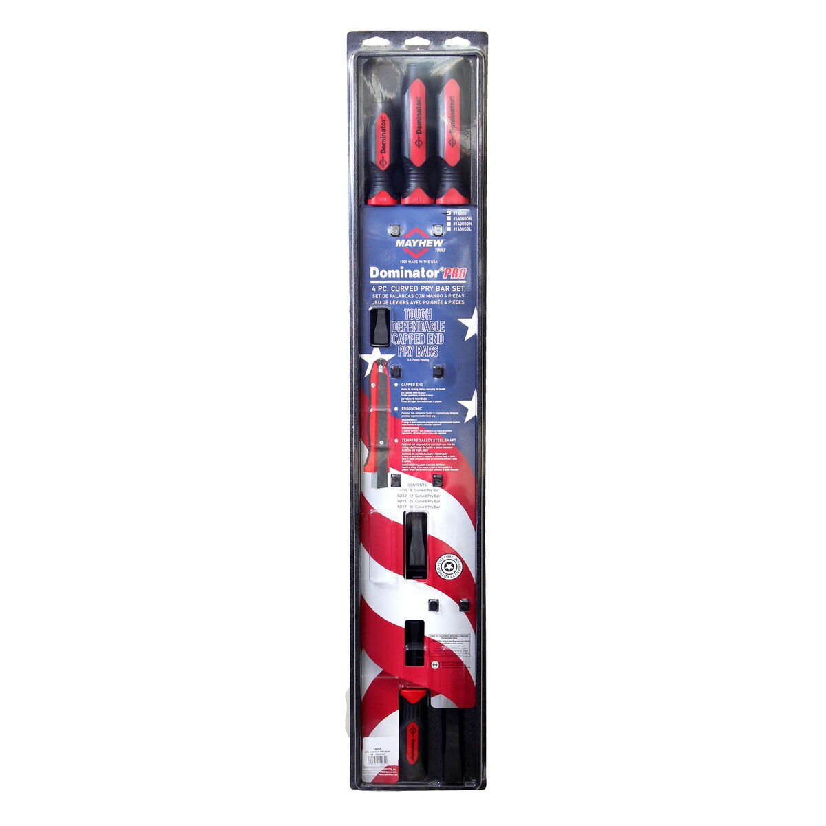 Mayhew Tools 14065 Dominator Pro Pry Bar Set, 8", 12", 25" & 36" Curved Pry Bars, Red - AAA Industrial Supply