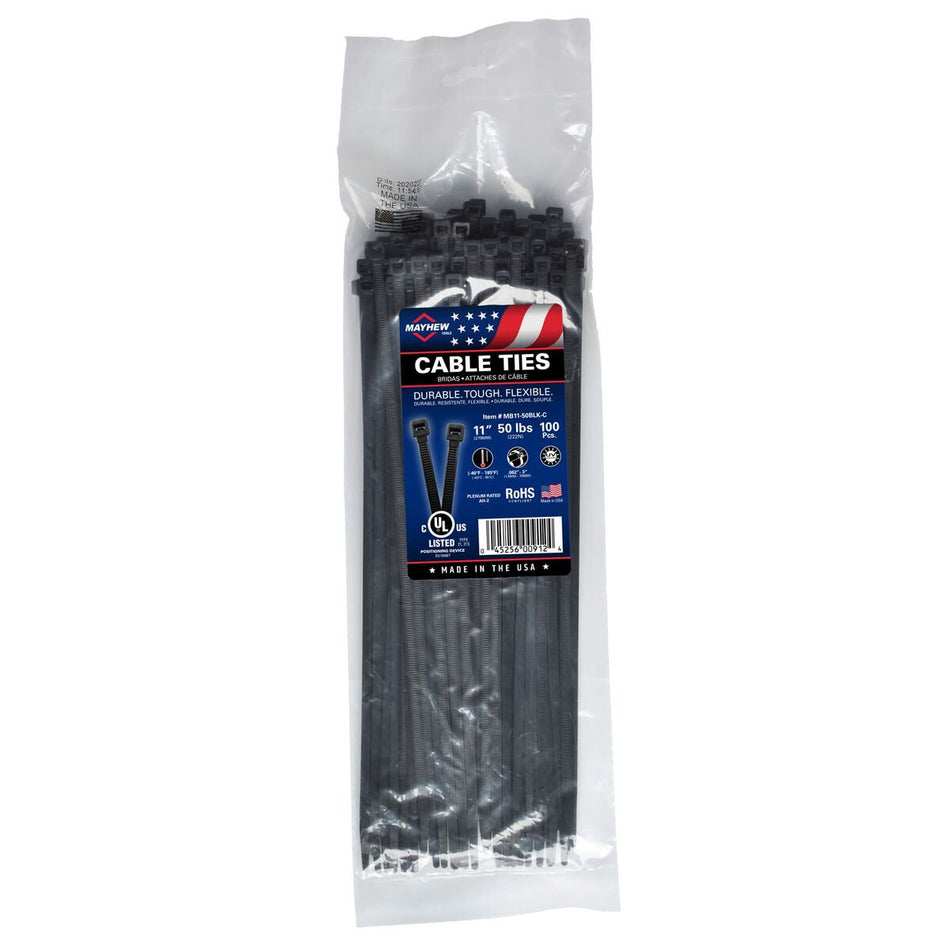 Mayhew Tools MB11-50BLK-C Nylon Cable Ties, 11" 50 lbs. Tensile Strength, 100-Pack, UV Black - AAA Industrial Supply