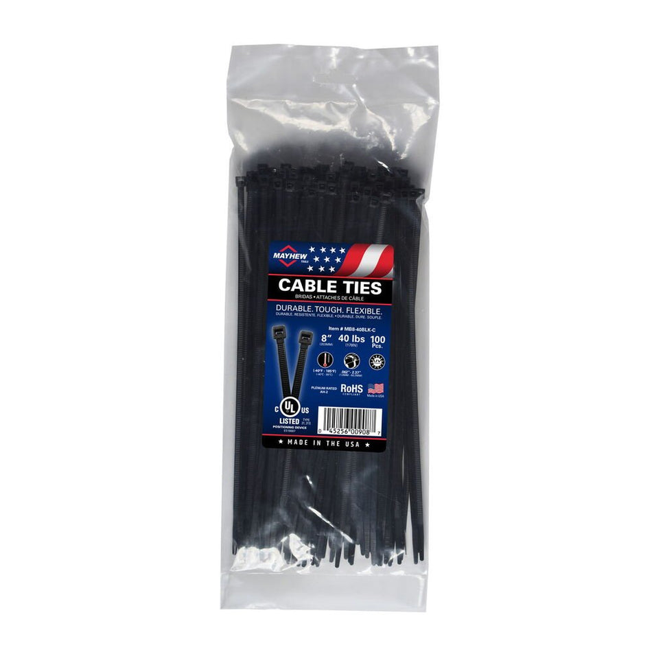 Mayhew Tools MB8-40BLK-C Nylon Cable Ties, 8" 40 lbs. Tensile Strength, 100-Pack, UV Black - AAA Industrial Supply