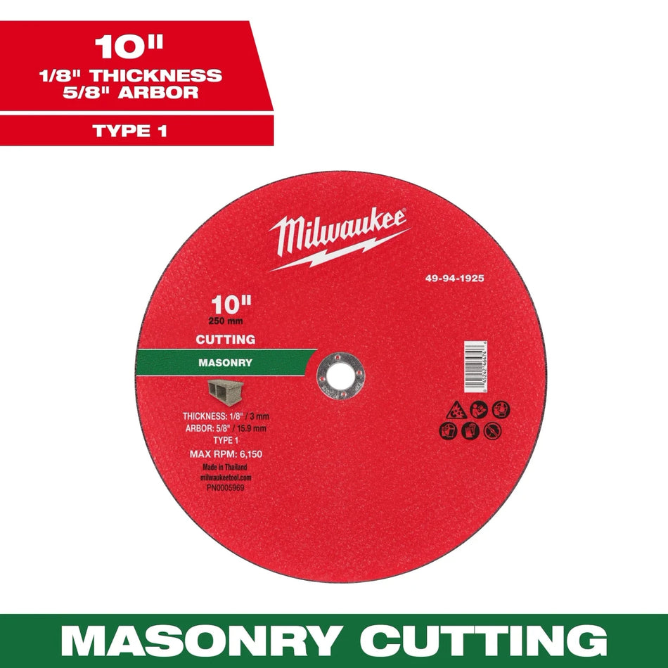 Milwaukee Tool 10" x 1/8" x 5/8" Masonry Cut Off Wheel -Type 1 10-PK - AAA Industrial Supply