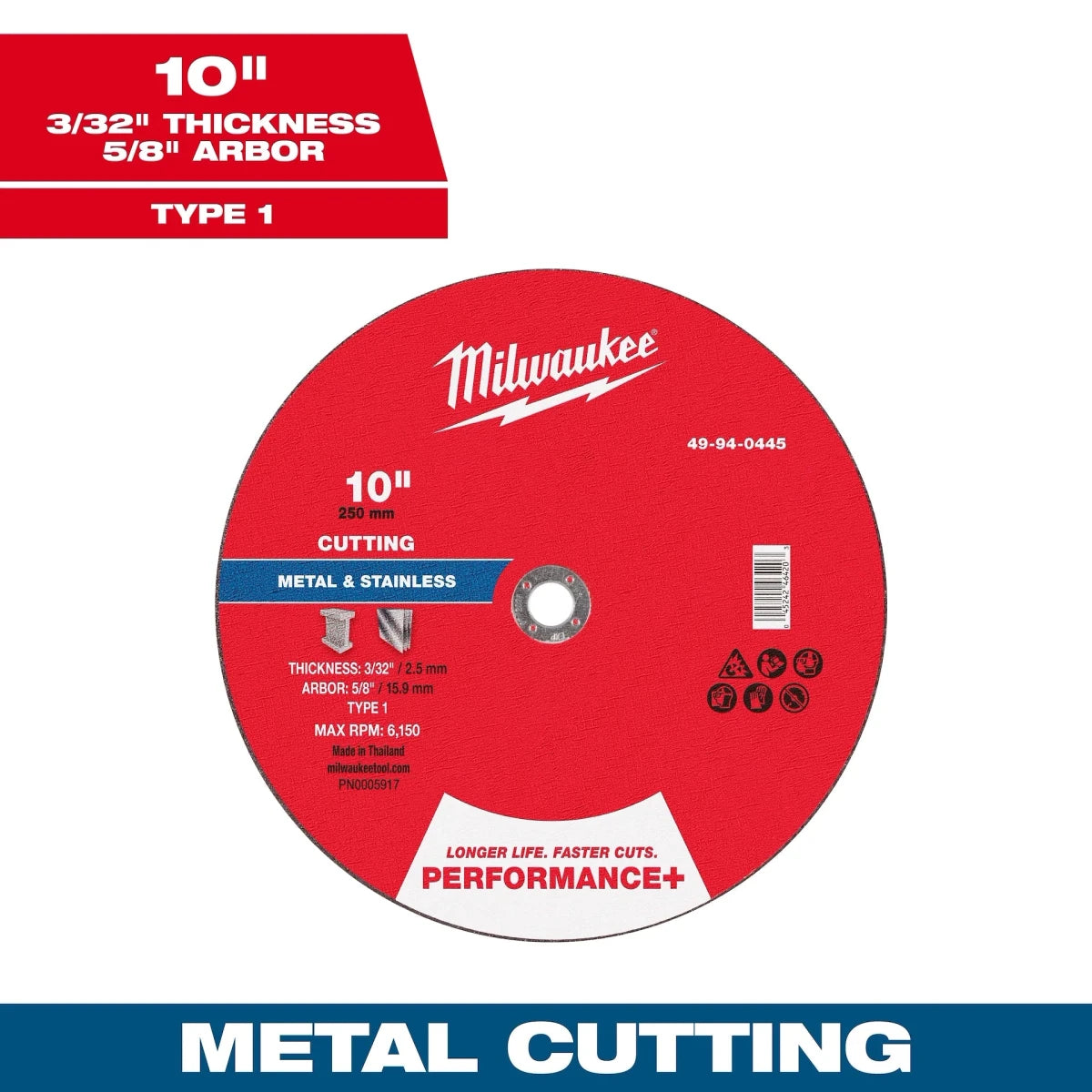 Milwaukee Tool 10" x 3/32" x 5/8" Performance+ Metal Cut Off Wheel - Type 1 10-PK - AAA Industrial Supply