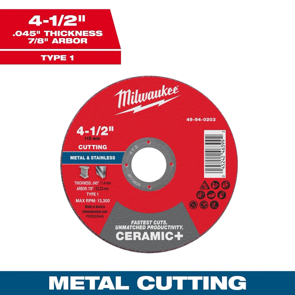 Milwaukee Tool 4-1/2" x .045" x 7/8" Ceramic+ Metal Cut Off Wheel -Type 1 25-PK - AAA Industrial Supply
