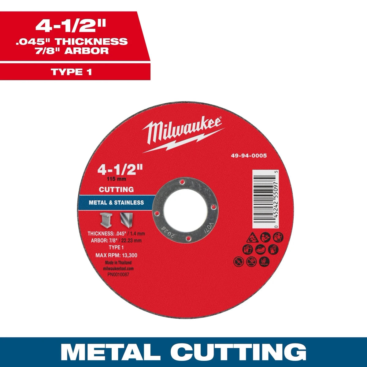 Milwaukee Tool 4-1/2" x .045" x 7/8" Metal Cut Off Wheel -Type 1 100-PK - AAA Industrial Supply
