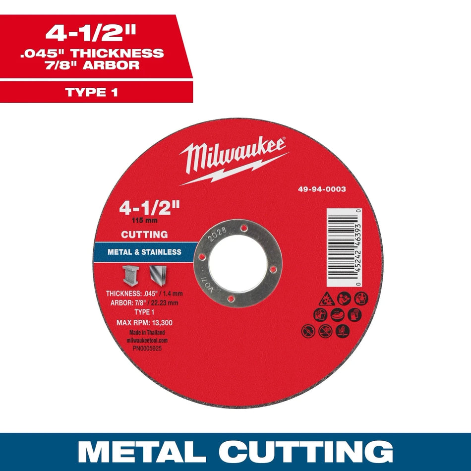 Milwaukee Tool 4-1/2" x .045" x 7/8" Metal Cut Off Wheel -Type 1 25-PK - AAA Industrial Supply