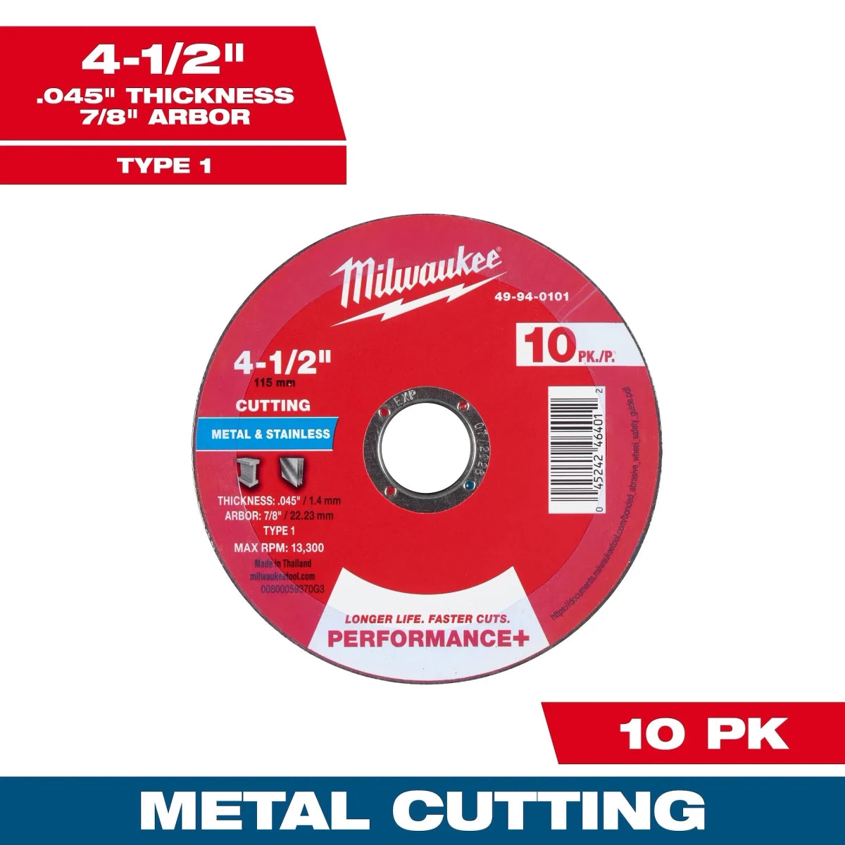 Milwaukee Tool 4-1/2" x .045" x 7/8" Performance+ Metal Cut Off Wheel - Type 1 - 10pk 4-PK - AAA Industrial Supply