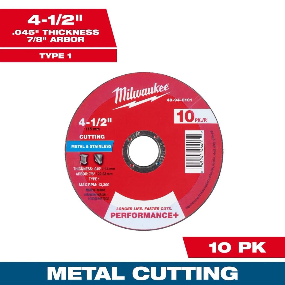 Milwaukee Tool 4-1/2" x .045" x 7/8" Performance+ Metal Cut Off Wheel - Type 1 - 10pk 4-PK - AAA Industrial Supply