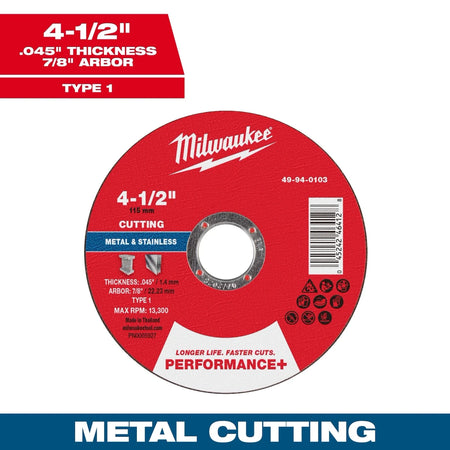 Milwaukee Tool 4-1/2" x .045" x 7/8" Performance+ Metal Cut Off Wheel - Type 1 25-PK - AAA Industrial Supply