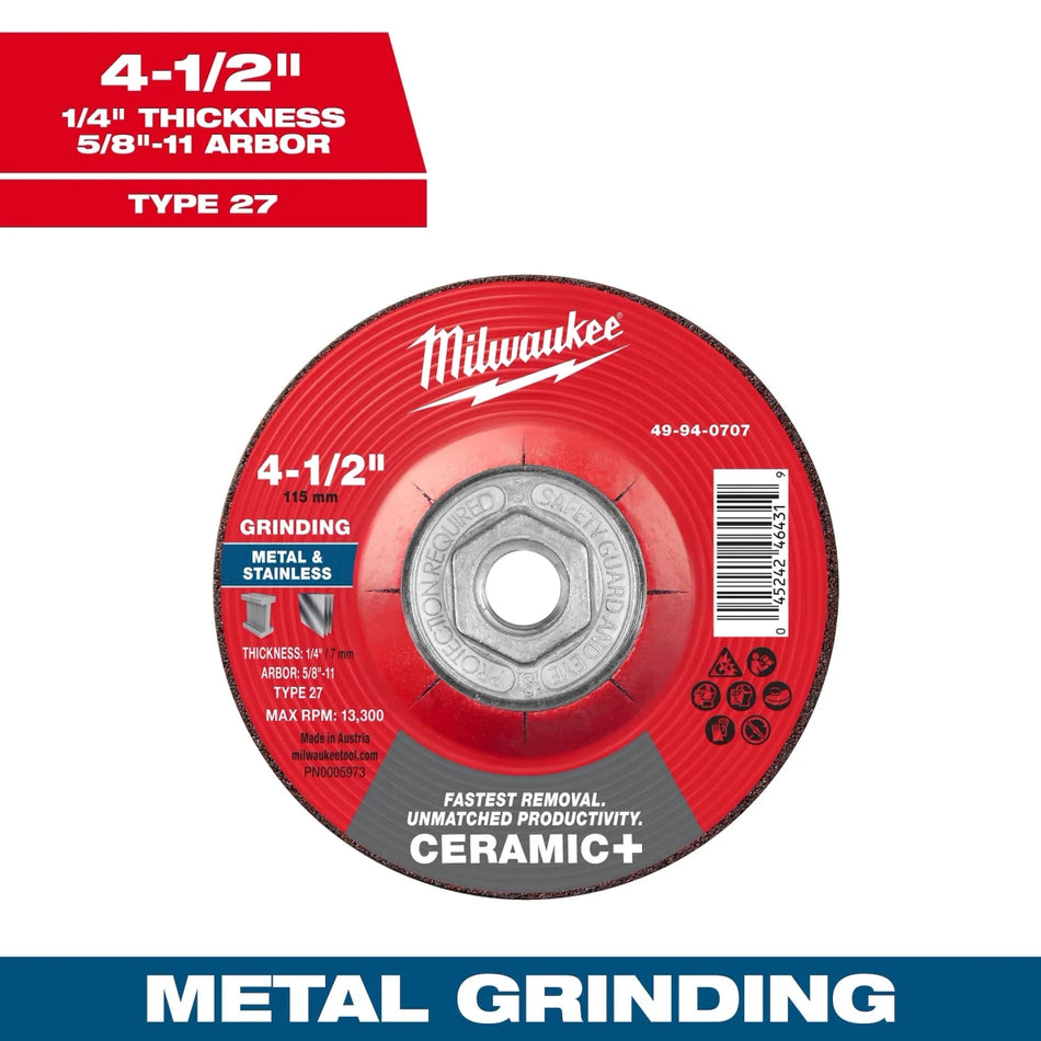 Milwaukee Tool 4-1/2" x 1/4" x 5/8"-11 Ceramic+ Metal Grinding Wheel - Type 27 5-PK - AAA Industrial Supply