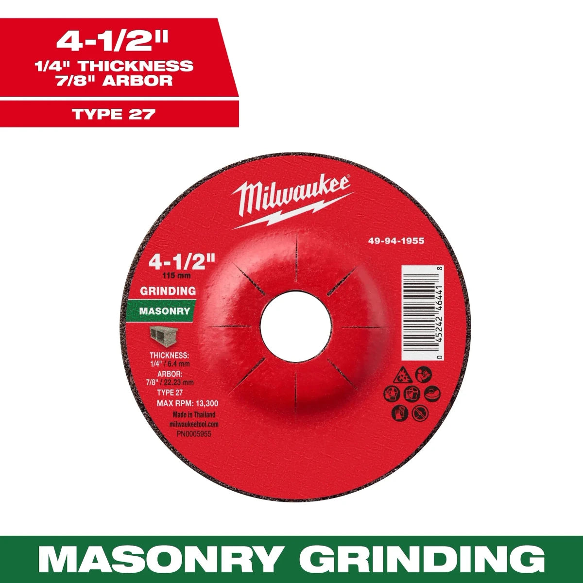 Milwaukee Tool 4-1/2" x 1/4" x 7/8" Masonry Grinding Wheel - Type 27 10-PK - AAA Industrial Supply