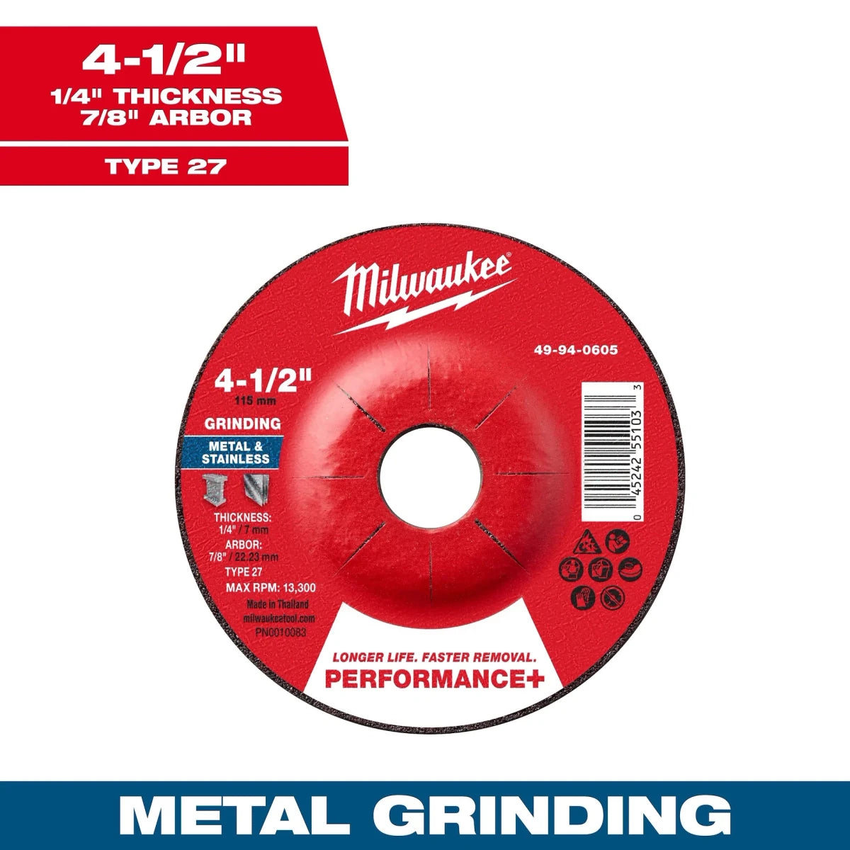Milwaukee Tool 4-1/2" x 1/4" x 7/8" Performance+ Metal Grinding Wheel - Type 27 25-PK - AAA Industrial Supply