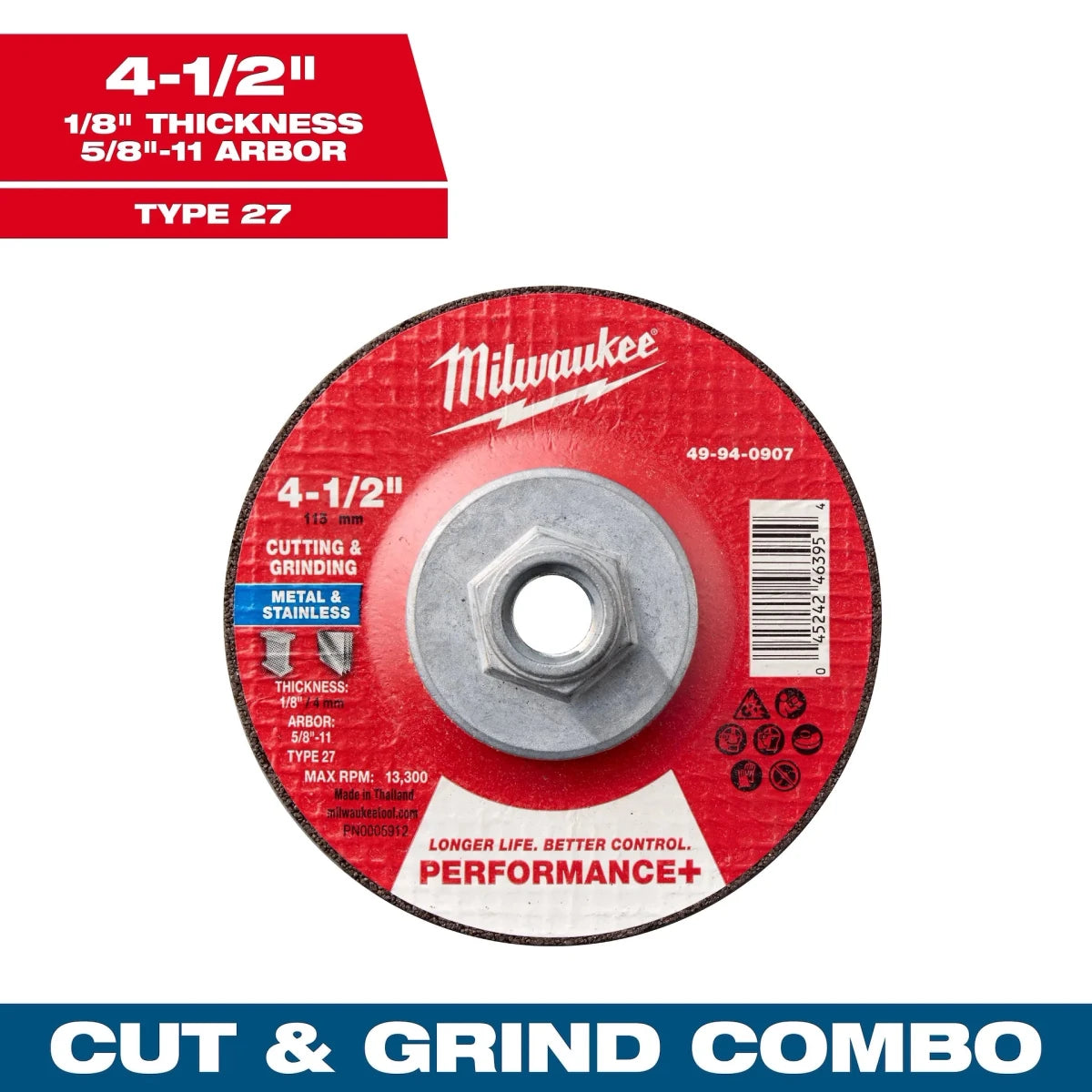 Milwaukee Tool 4-1/2" x 1/8" x 5/8-11" Performance+ Dual Metal Cut & Grind Wheel - Type 27 10-PK - AAA Industrial Supply