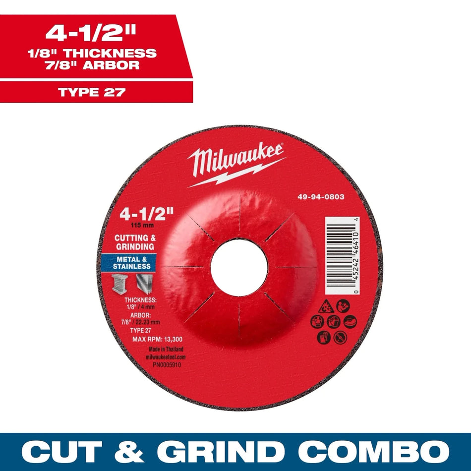 Milwaukee Tool 4-1/2" x 1/8" x 7/8" Dual Metal Cut & Grind Wheel - Type 27 25-PK - AAA Industrial Supply