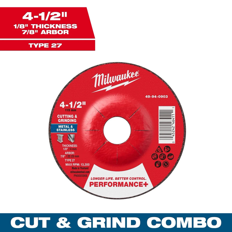 Milwaukee Tool 4-1/2" x 1/8" x 7/8" Performance+ Dual Metal Cut & Grind Wheel - Type 27 25-PK - AAA Industrial Supply