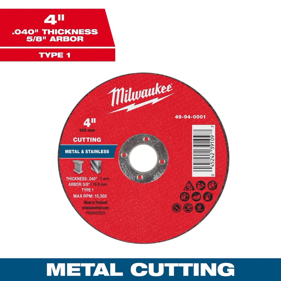 Milwaukee Tool 4" x .040" x 5/8" Metal Cut Off Wheel -Type 1 25-PK - AAA Industrial Supply