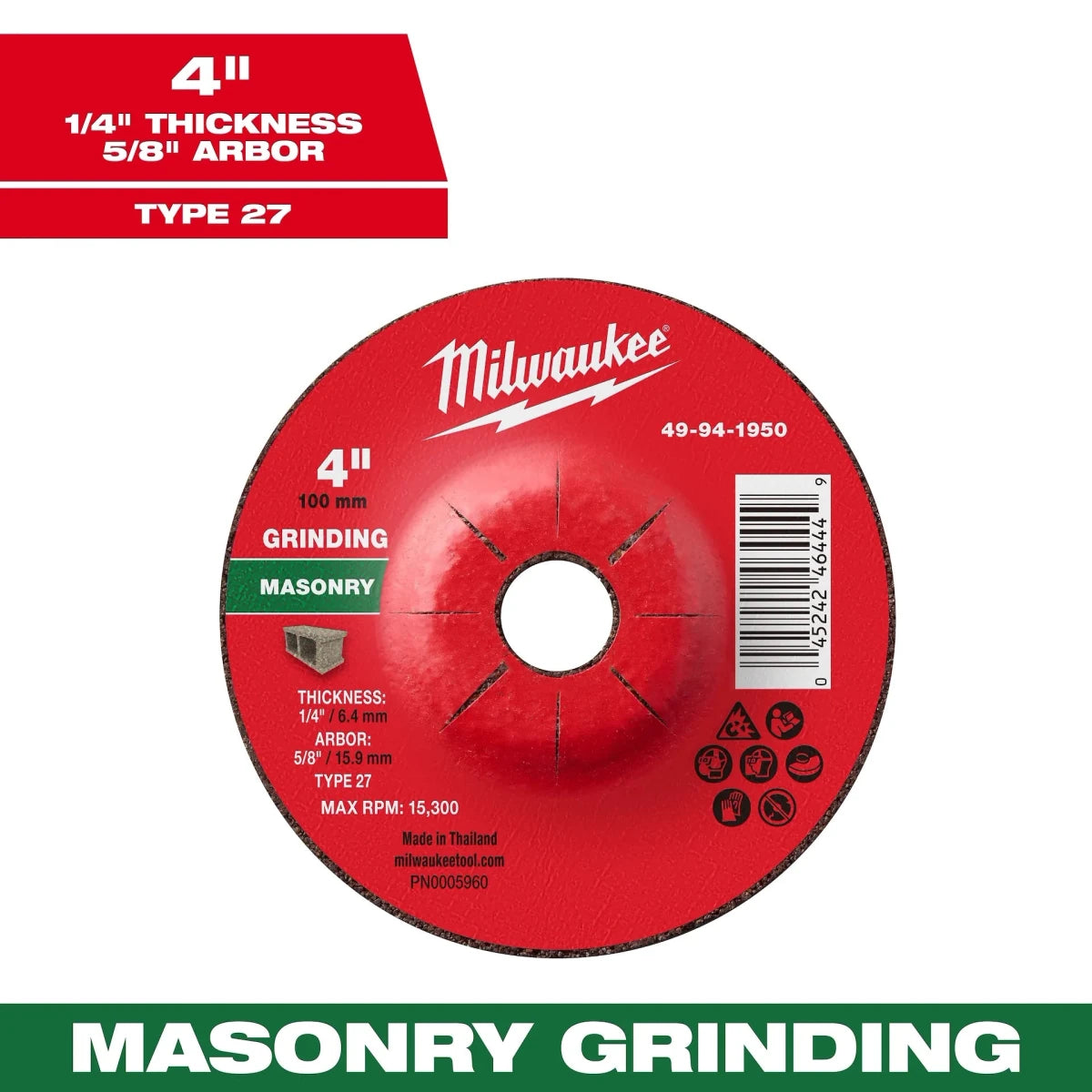 Milwaukee Tool 4" x 1/4" x 5/8" Masonry Grinding Wheel - Type 27 10-PK - AAA Industrial Supply