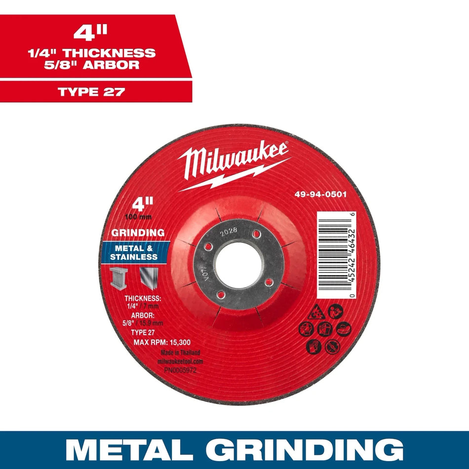 Milwaukee Tool 4" x 1/4" x 5/8" Metal Grinding Wheel - Type 27 10-PK - AAA Industrial Supply