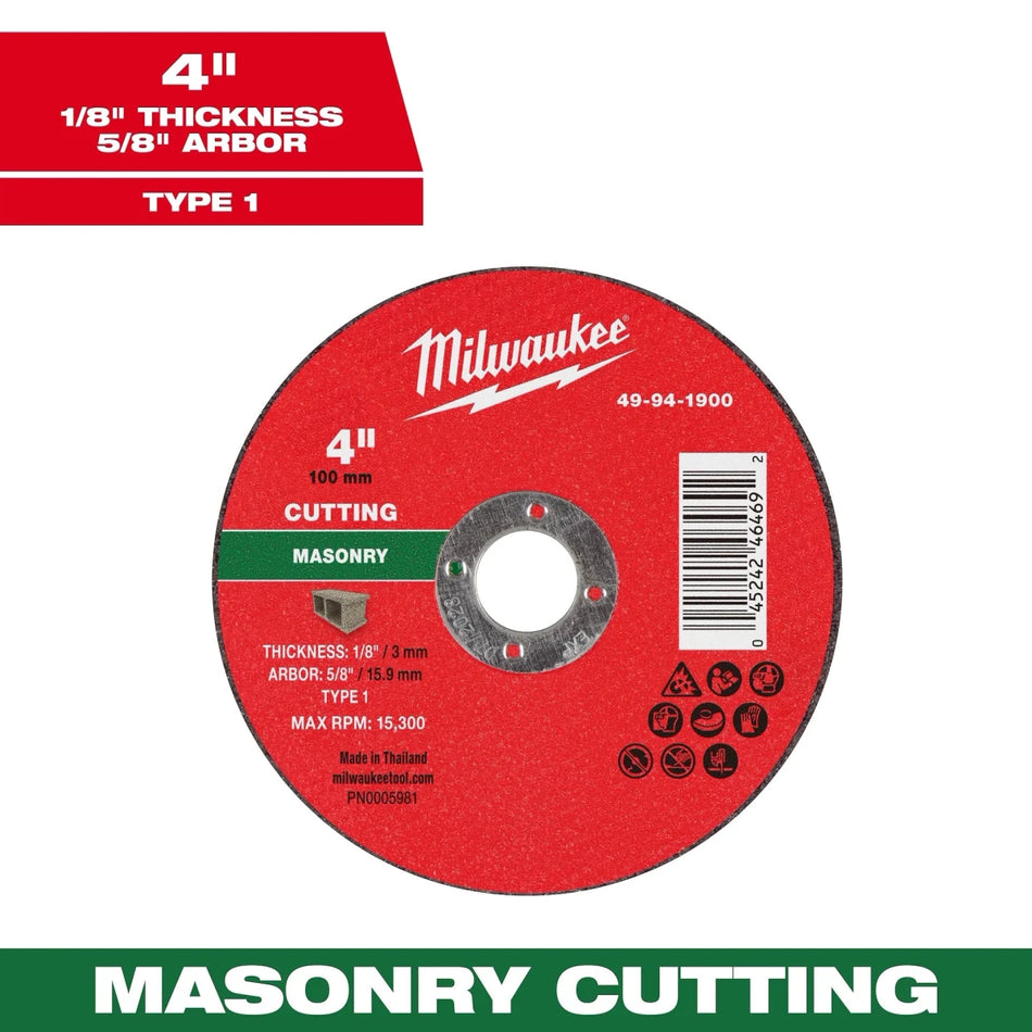 Milwaukee Tool 4" x 1/8" x 5/8" Masonry Cut Off Wheel -Type 1 25-PK - AAA Industrial Supply
