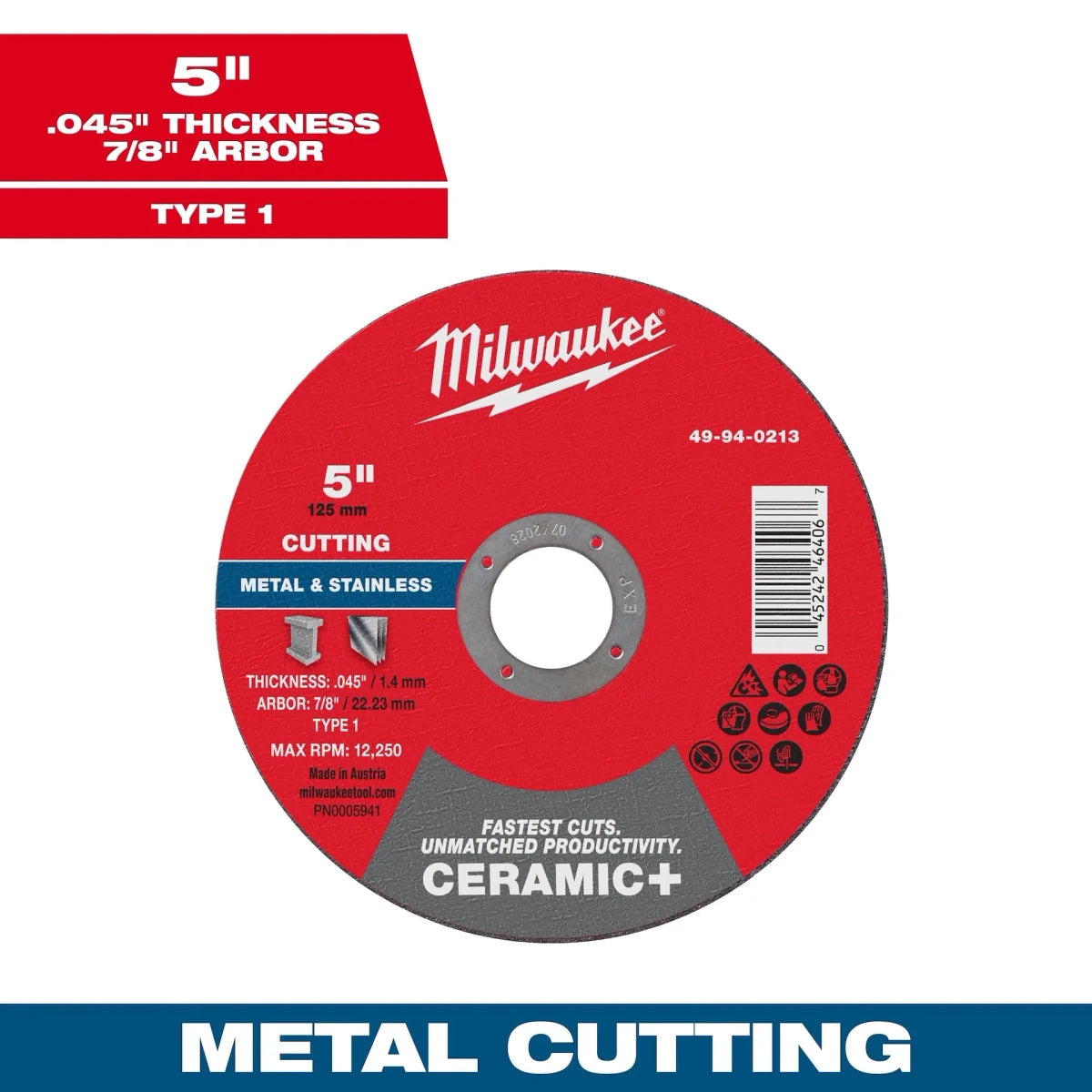 Milwaukee Tool 5" x .045" x 7/8" Ceramic+ Metal Cut Off Wheel -Type 1 25-PK - AAA Industrial Supply