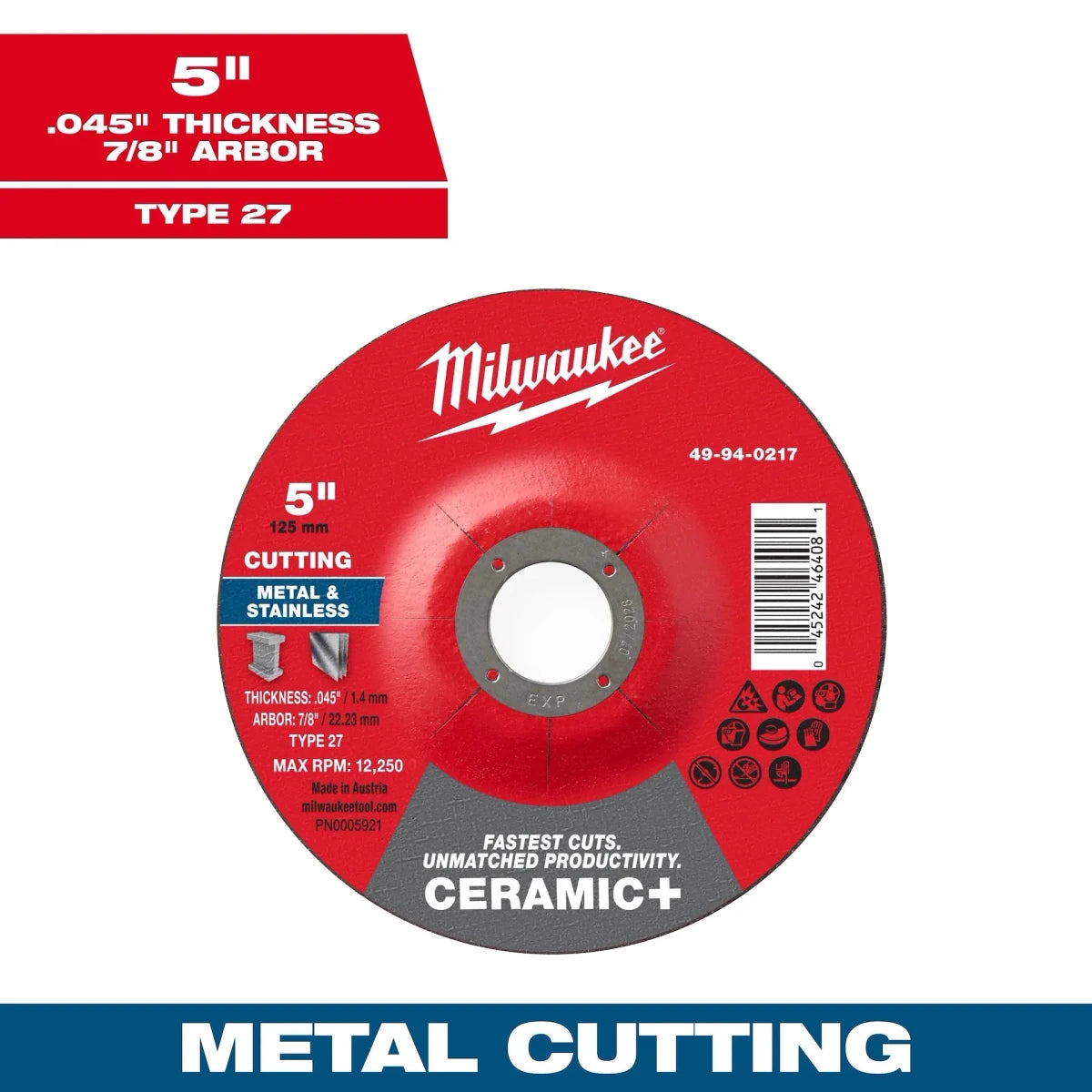 Milwaukee Tool 5" x .045" x 7/8" Ceramic+ Metal Cut Off Wheel -Type 27 25-PK - AAA Industrial Supply